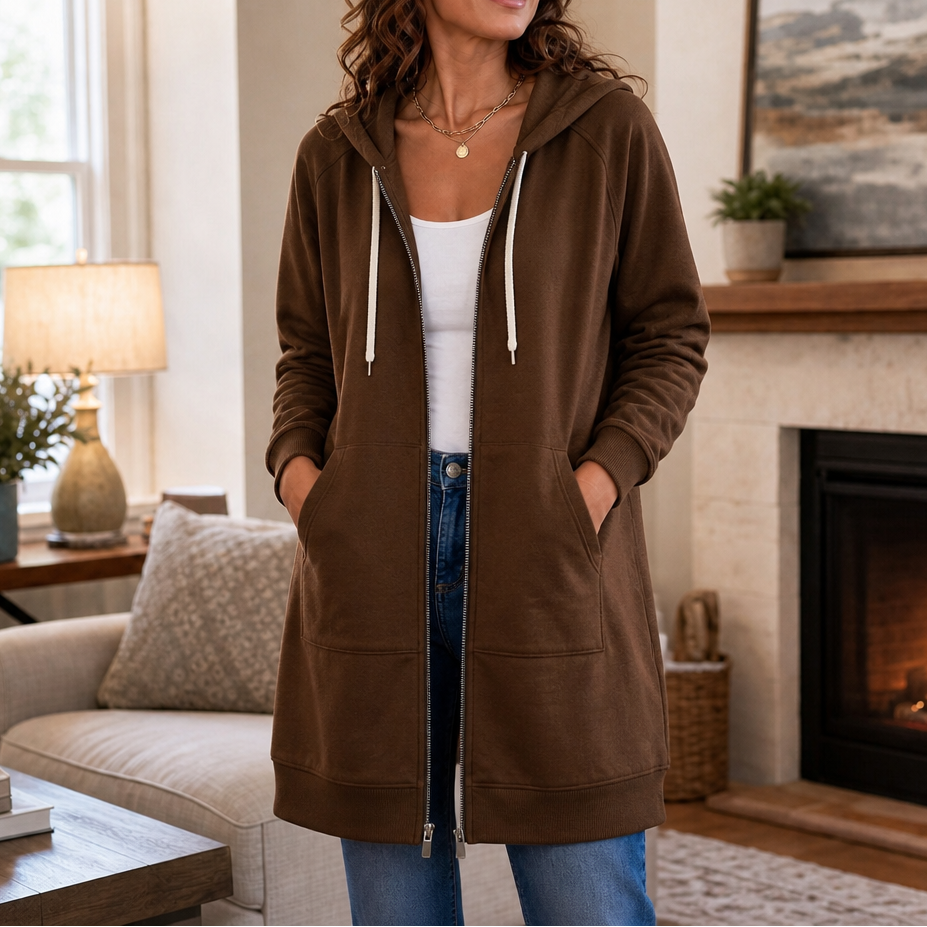 Wrapdrey – Mid-Length Zip-Up Hooded Cardigan