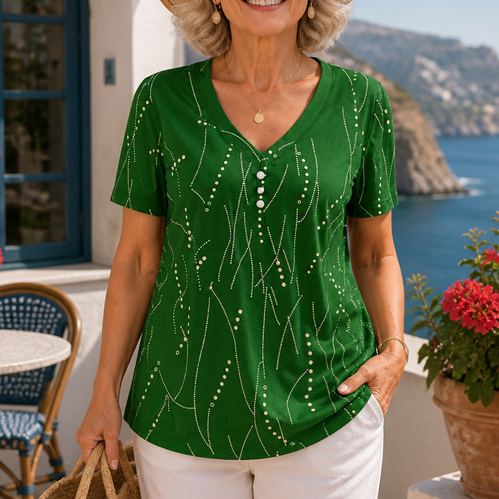 Vivelyn – Dimensional Print V-Neck Blouse