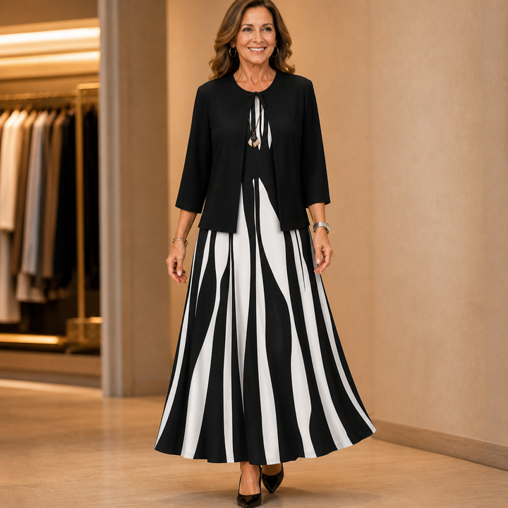 Fielina – Striped Two-Piece Maxi Dress And Cardigan Set