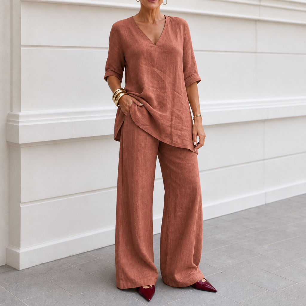 Draperly – V-Neck Linen-Look Two-Piece Set