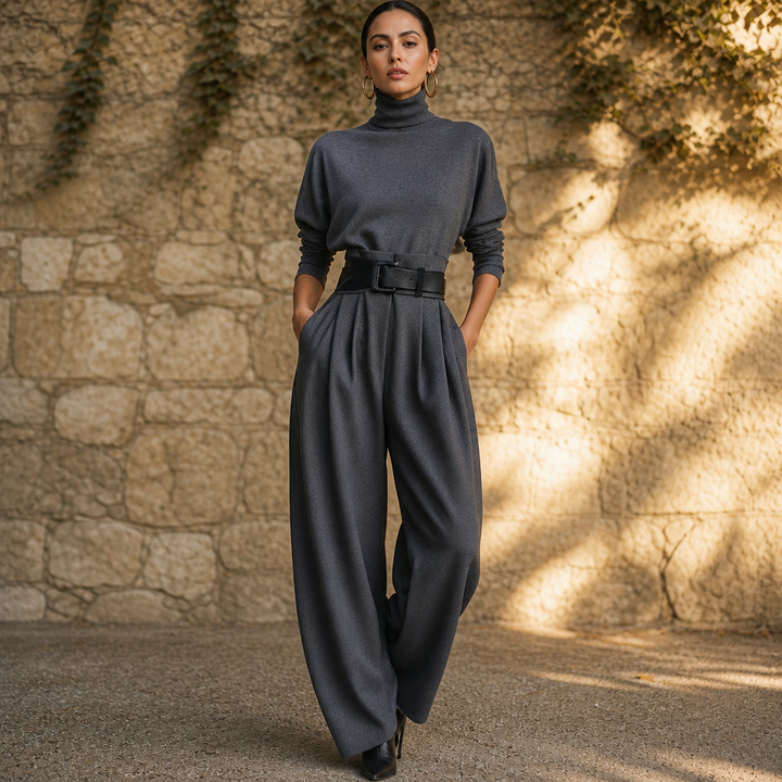 Poisevera – Belted High-Waist Turtleneck And Trouser Set