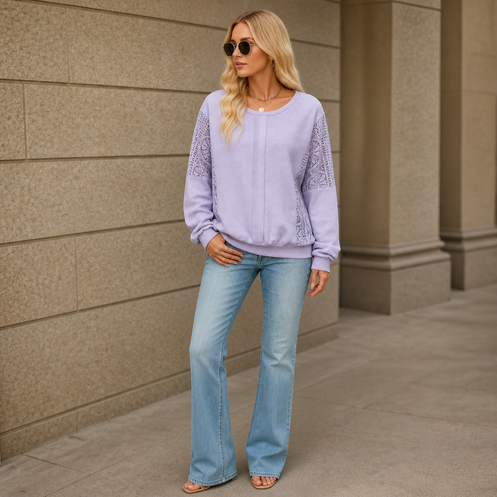 Lacebella – Floral Lace Panel Lantern-Sleeve Sweatshirt