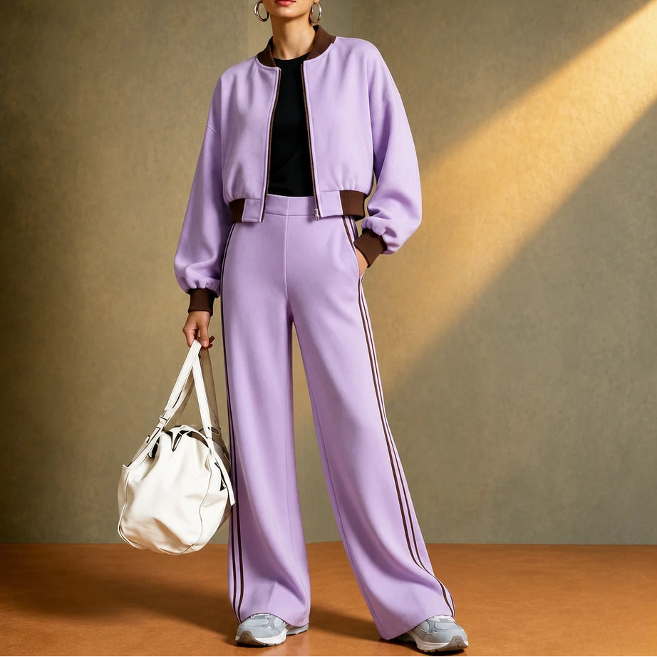 Rally Rib – Cropped Bomber And Striped Wide-Leg Pants Set