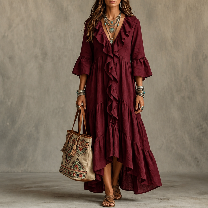 Cascada – High-Low Ruffle V-Neck Bell Sleeve Dress