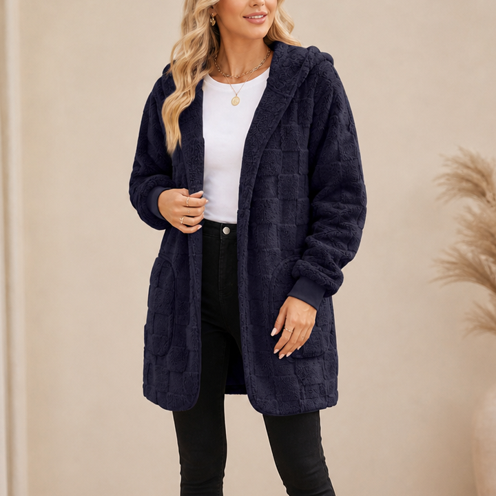 Checkora – Fluffy Checked Open-Front Cardigan