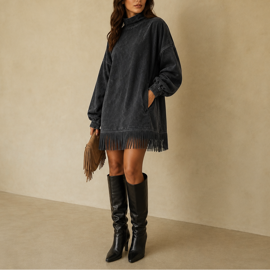 Swayelle – High-Neck Faux-Suede Fringe Mini Dress