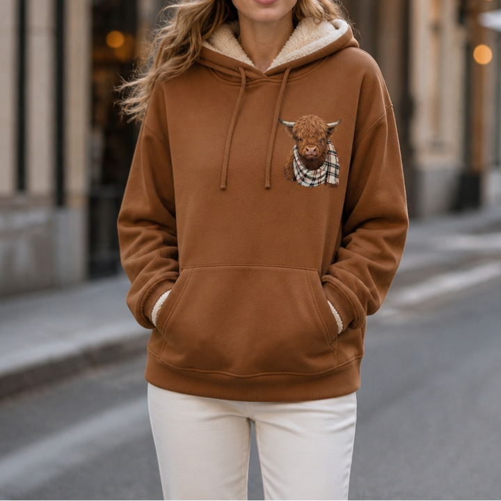 Heatherloch – Highland Cow Print Fleece-Lined Hoodie