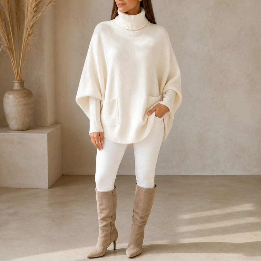 Veloura – Oversized Turtleneck Pocket Poncho Sweater