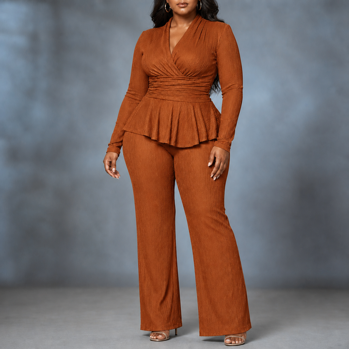 Vessora – Pleated Waist Flared Leg Top And Trousers Set