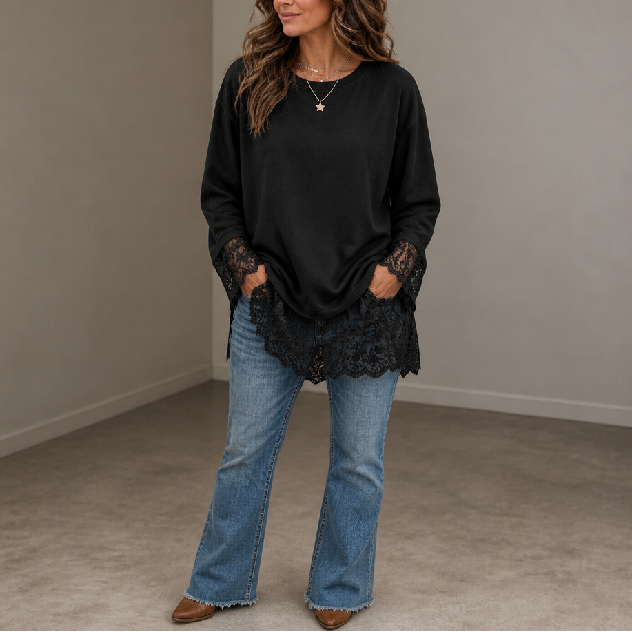 Lacewell – Sheer Lace Neckline Long-Sleeve Top
