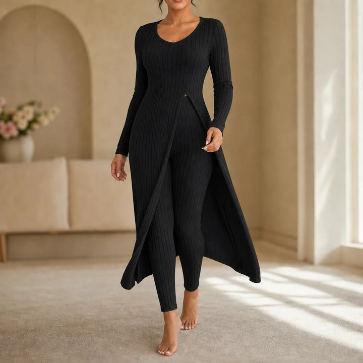 Ribella – Ribbed Side-Slit Tunic And Slim-Fit Pants Set