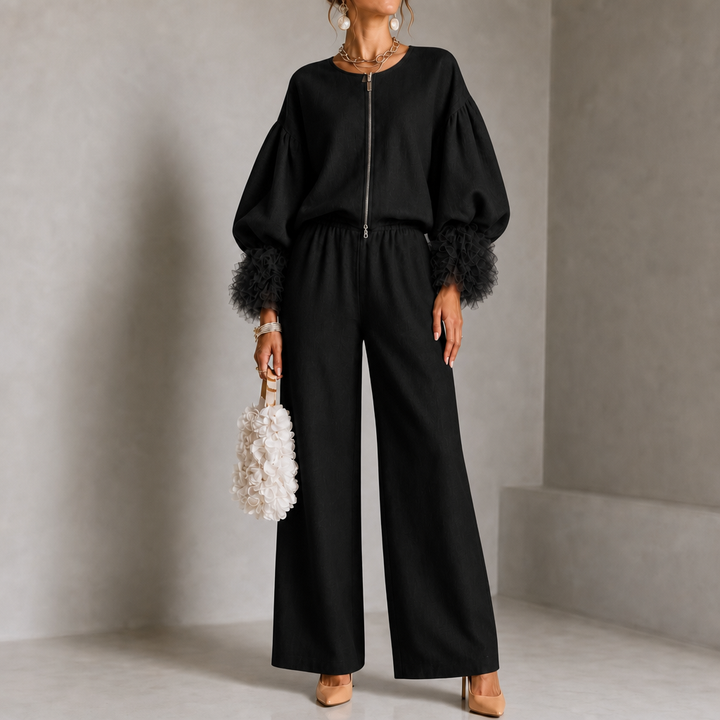 Wearlyn – Tulle-Cuff Balloon Sleeve Top And Pants Set