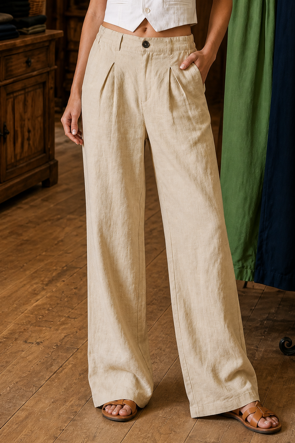 Linora – Pleated Wide-Leg Linen-Look Trousers