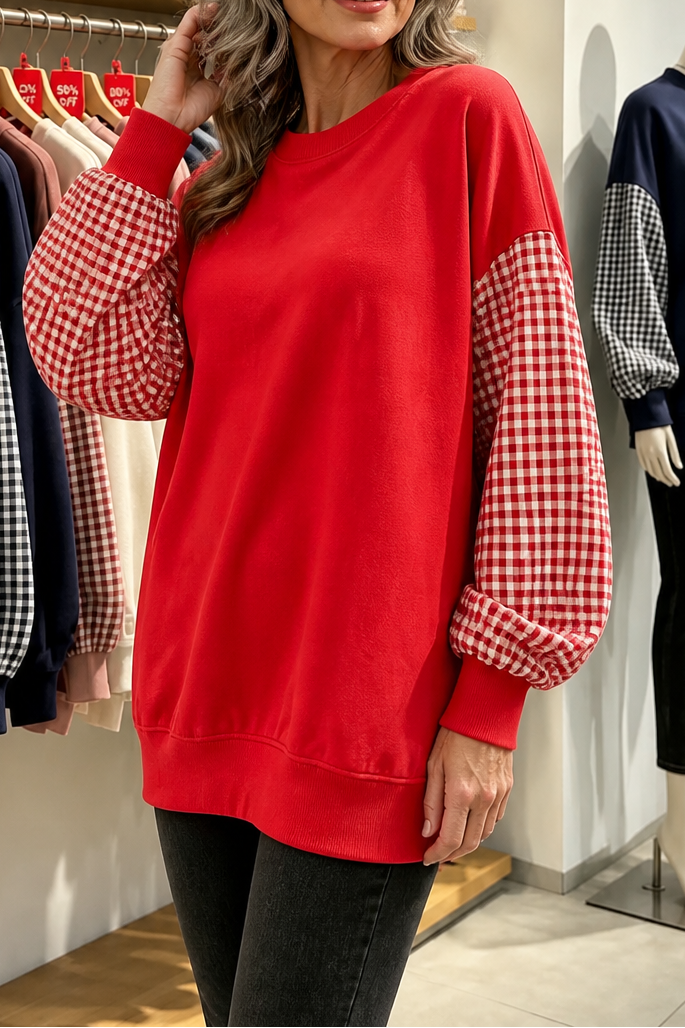 Blockline – Patchwork Plaid Loose Crew Neck Top