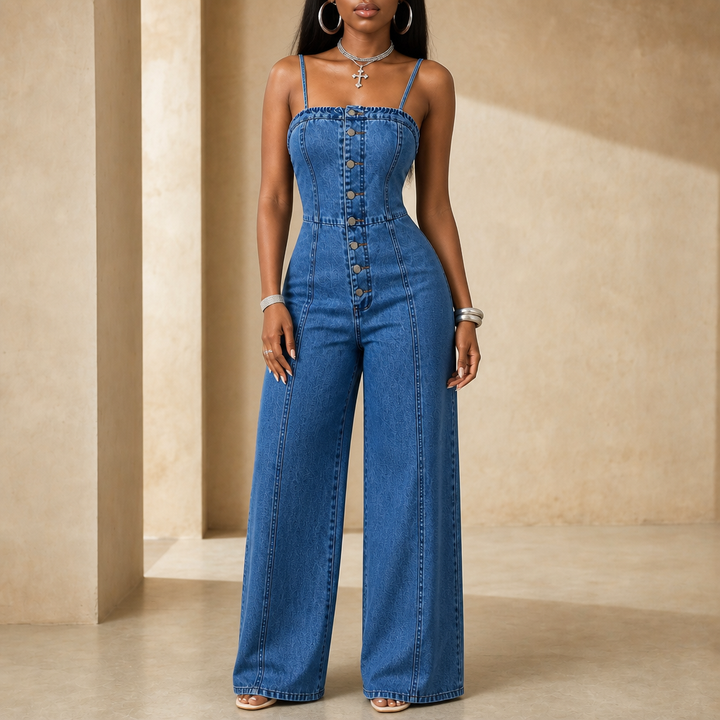 Wearbella – Wide Leg Spaghetti Strap Denim Jumpsuit