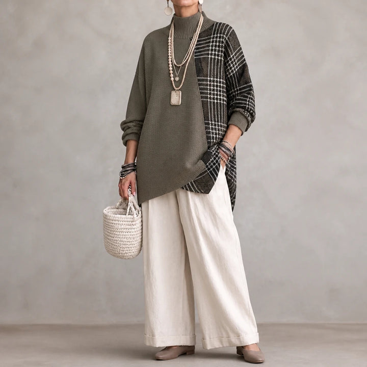 Plaidelle – Asymmetrical Plaid Panel Knit Sweater