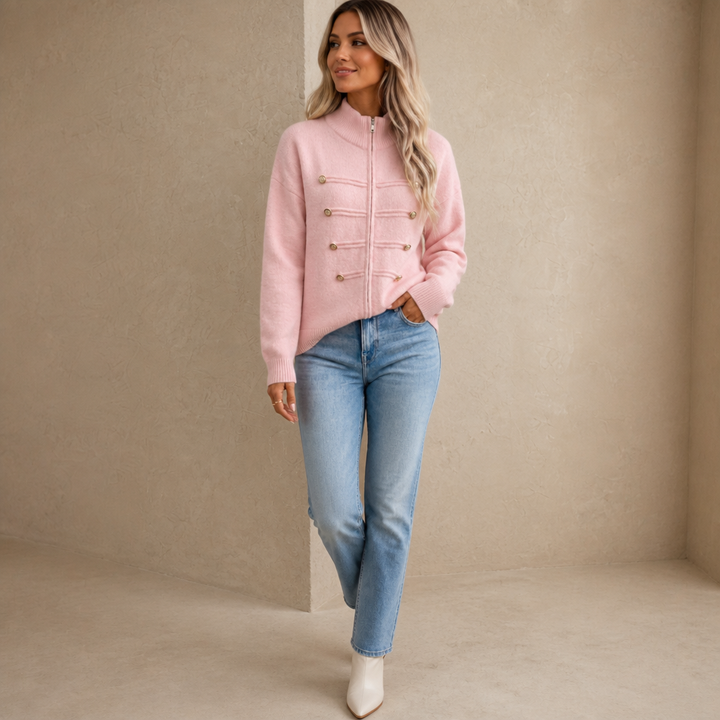 Mayfield – Gold Button Military-Style Knit Cardigan