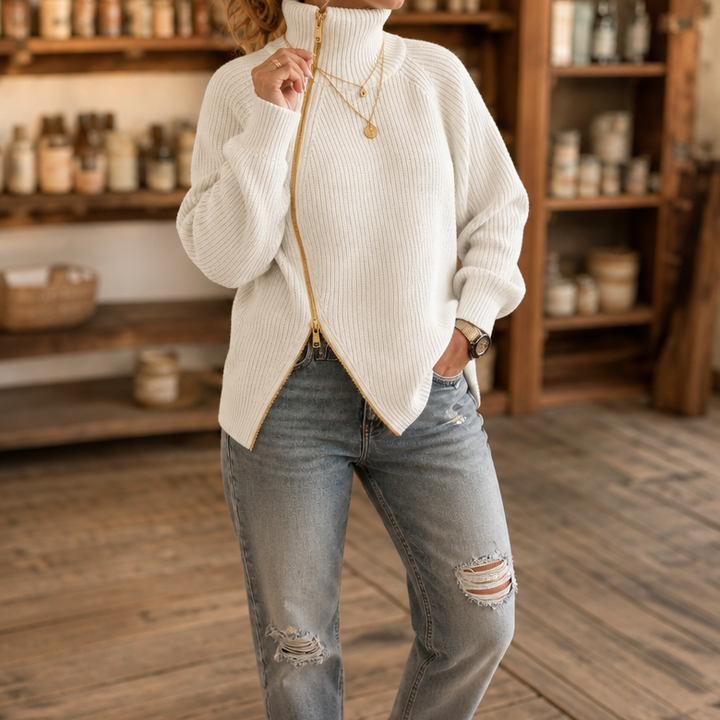 Wearbella – Asymmetric Zip Ribbed Knit Sweater
