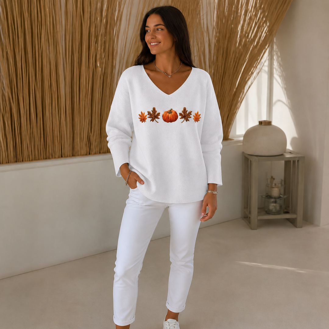 Pumpkin Lane – Pumpkin Print V-Neck Long-Sleeved Shirt
