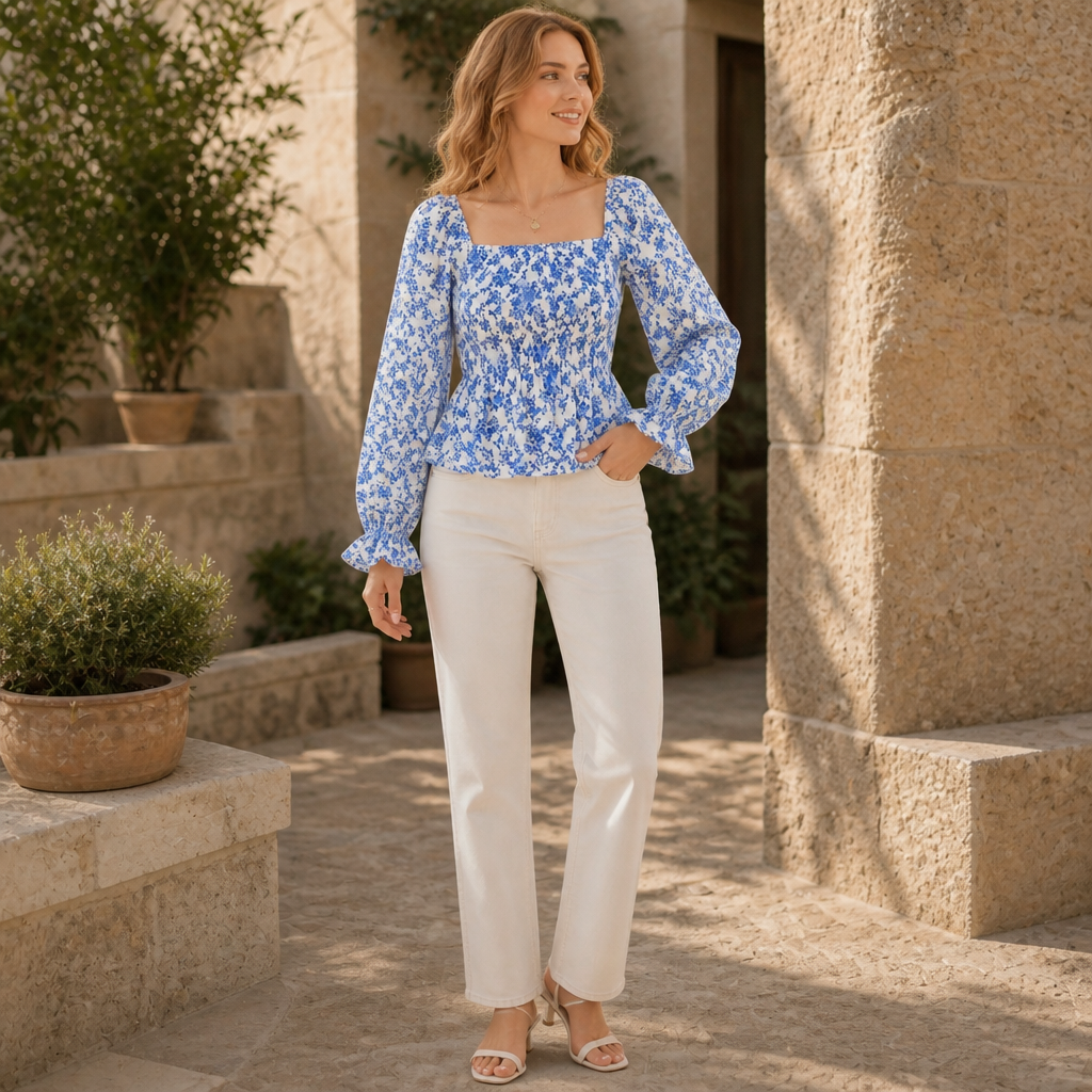 Fiora – Floral Smocked Square-Neck Blouse