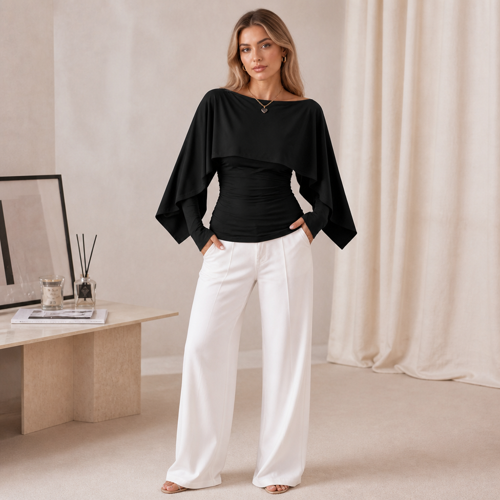 Wearbella – Cape Overlay Ruched Batwing Top
