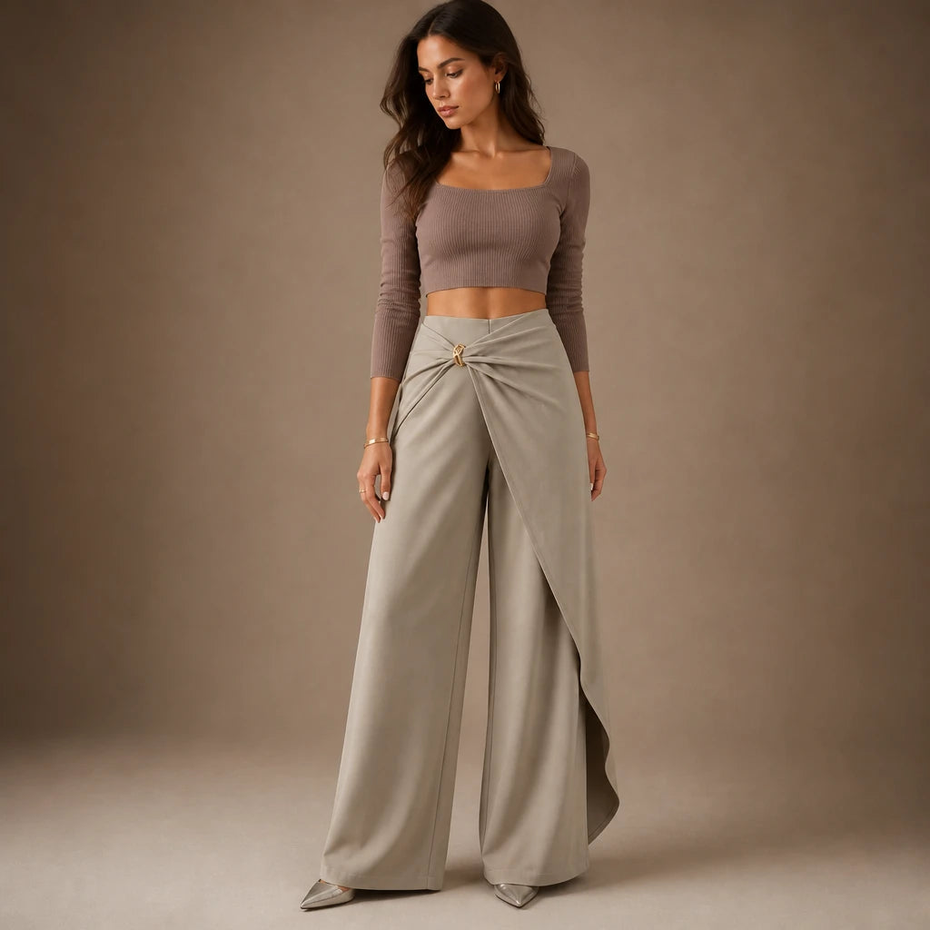 Veloura – Buckle Crossover Draped Wide-Leg Trousers