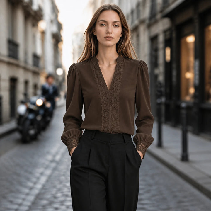 Lacevera – Lace-Trimmed V-Neck Chiffon Blouse