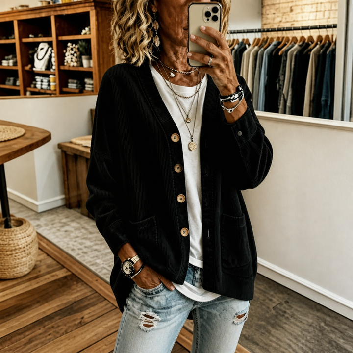 Corduvale – Vertical-Wale Corduroy Open-Front Cardigan