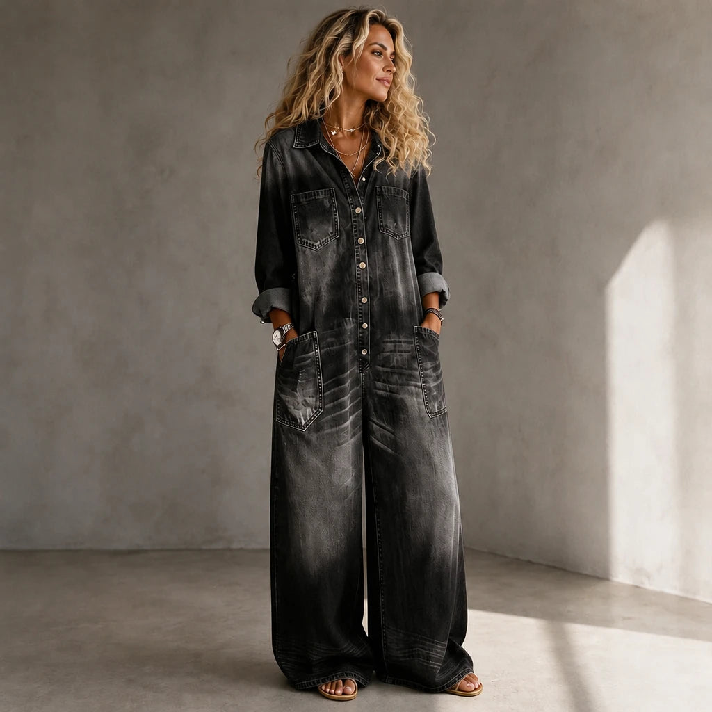 Denimbelle – Button-Front Wide-Leg Denim Jumpsuit