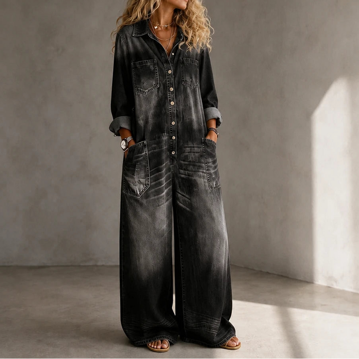 Denimbelle – Button-Front Wide-Leg Denim Jumpsuit