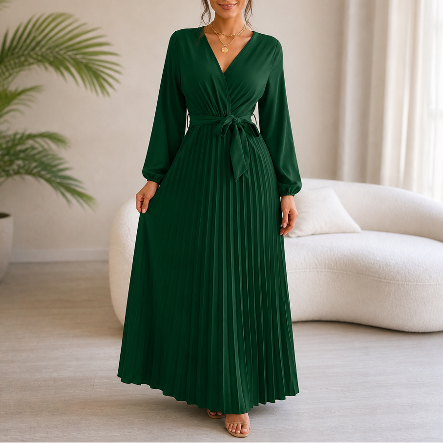 Lunavia – Pleated Wrap-Neck High-Waisted Maxi Dress