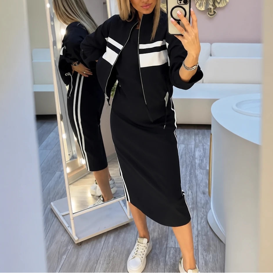 Stripe & Shape – Striped Bomber Jacket And Pencil Skirt Set