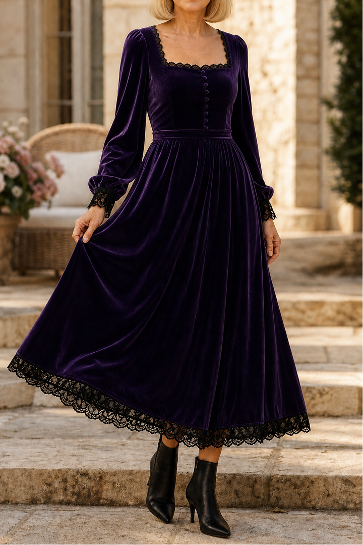 Velourette – Square Neck Fitted Waist Velvet Midi Dress