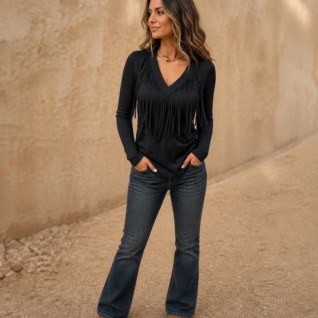 Vela Fringe – Cascading Fringe V-Neck Top