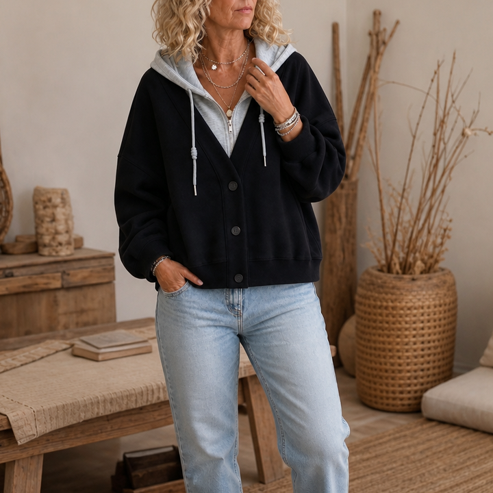Layerelle – Color-Block Faux-Layer V-Neck Hoodie