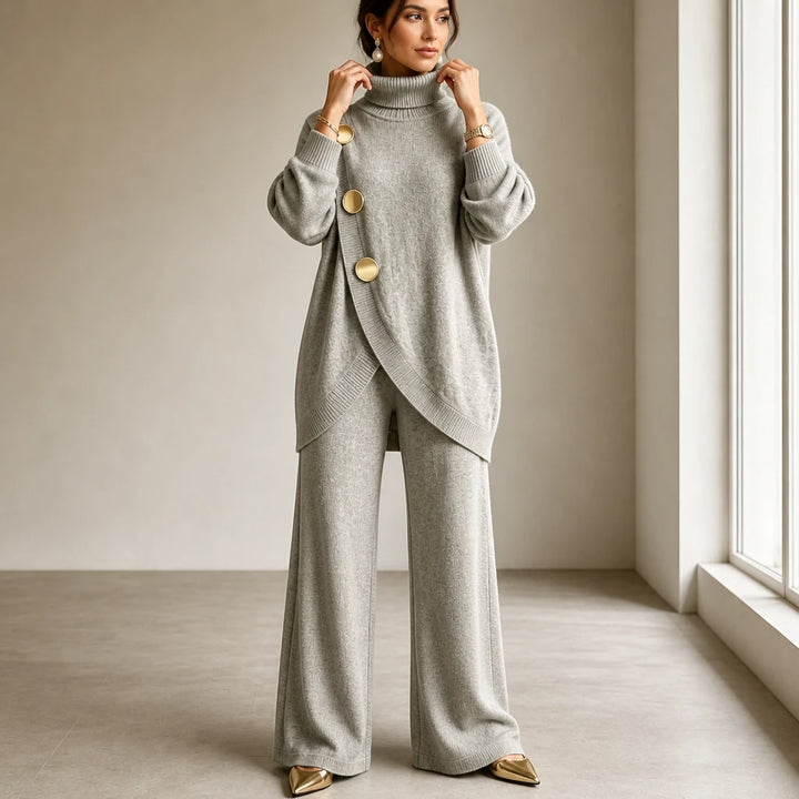 Mackenzie – Gold-Button Asymmetric Knit Two-Piece Set