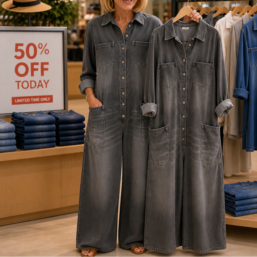 Everleigh – Wide-Leg Button-Front Denim Jumpsuit