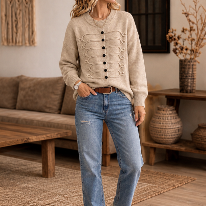 Braidenne – Braided Cord Button-Front Knit Sweater