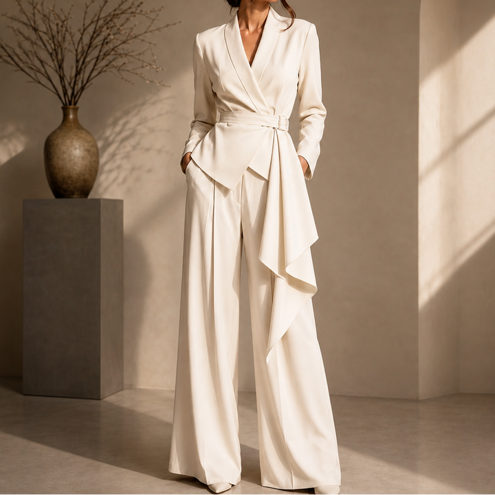 Drapevera – Buckle-Belted Wrap Blazer And Wide-Leg Trouser Set