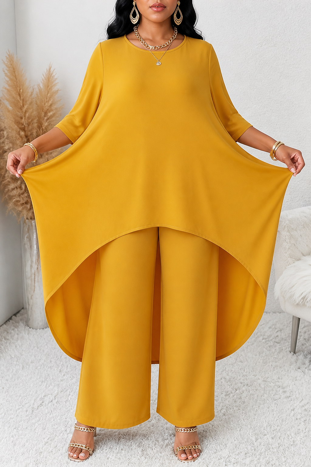 Lineve – Asymmetric Diagonal-Hem Top And Wide-Leg Pants Set