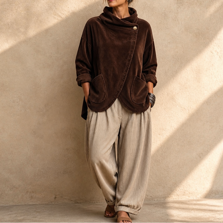 Draperly – Asymmetric Hem Hooded Corduroy Poncho