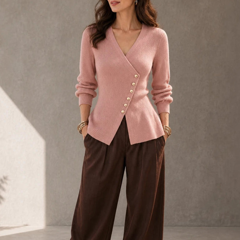 Peplina – Ribbed Asymmetrical Button-Front Peplum Sweater