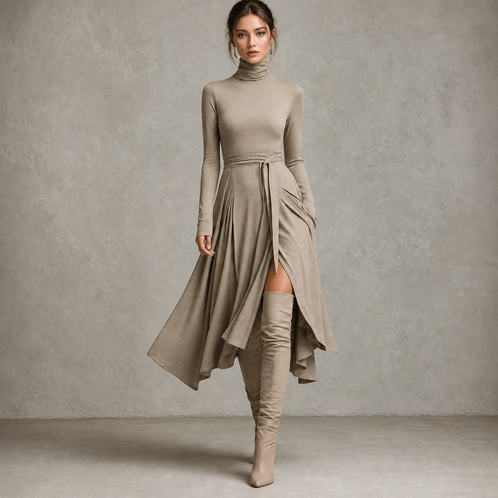 Wearbella – Turtleneck Ribbed Knit Slit Midi Dress