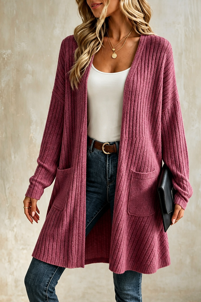 Cozelle – Ribbed Duster Open-Front Long Cardigan