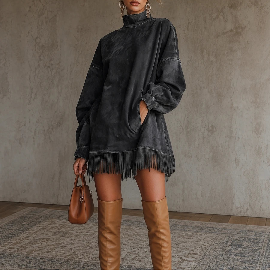 Suede Swing – Faux Suede Fringe Turtleneck Dress