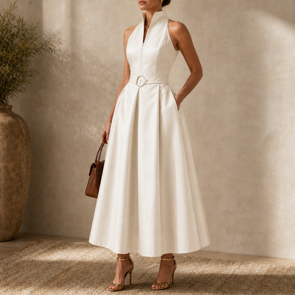 Elara Verona – Zip-Neck Stand Collar Fit-And-Flare Midi Dress