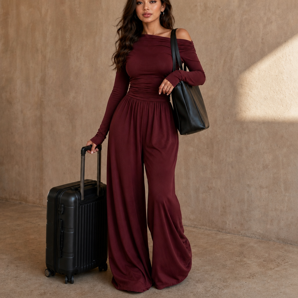 Wearbella – Off-Shoulder Ruched Wide-Leg Jumpsuit