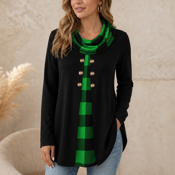 Layerella – Plaid-Detail Faux-Layered Long-Sleeve Tunic