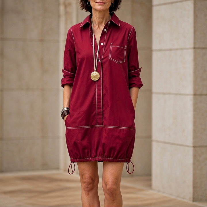 Collara – Lapel Collar Half-Sleeve Midi Dress