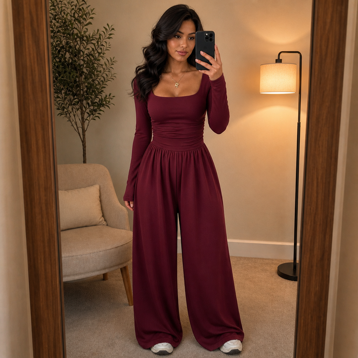 Wearbella – Ruched Waist Square Neck Wide-Leg Jumpsuit